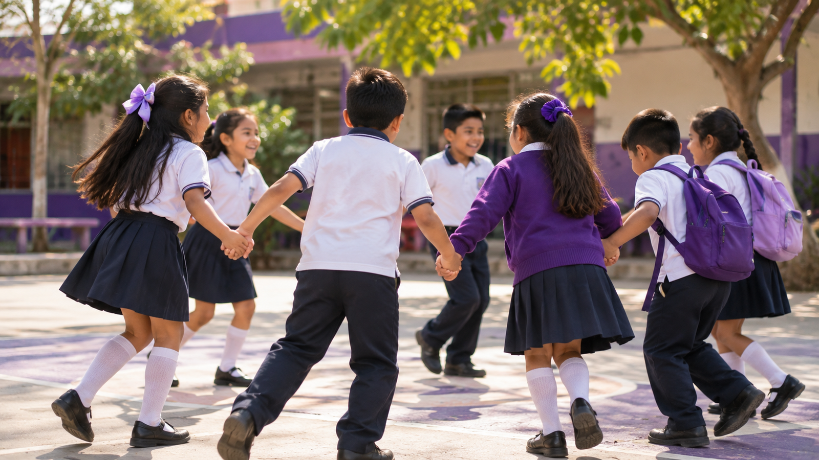 Qué es el bullying: niñas y niños jugando juntos de forma inclusiva en el patio de la escuela